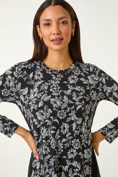 Roman Black Floral Puff Print Chiffon Hem Top