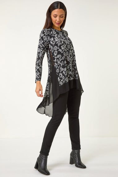 Roman Black Floral Puff Print Chiffon Hem Top