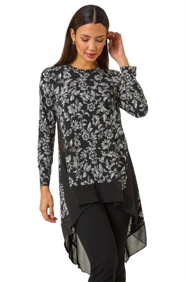 Roman Black Floral Puff Print Chiffon Hem Top