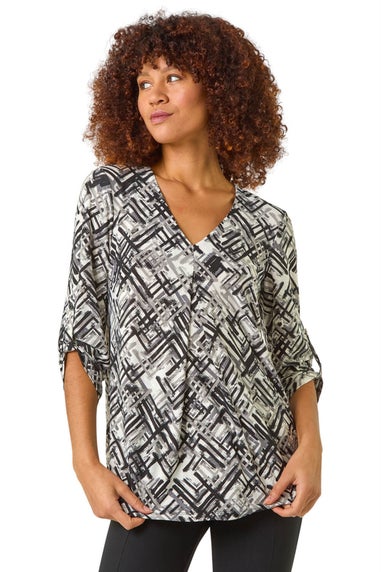 Roman Ivory Geometric Print Pleat Front Top