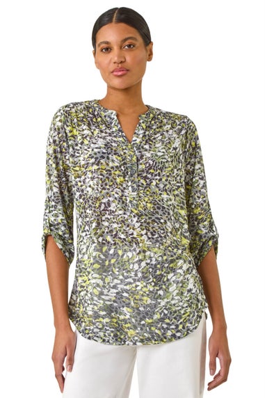 Roman Lime Animal Print Burnout V-Neck Stretch Shirt