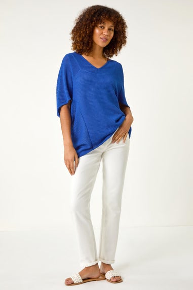 Roman Ink Blue Textured V-Neck Cocoon Stretch Top