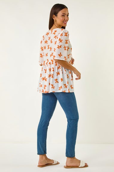 Roman Orange Floral Print Tassel Top