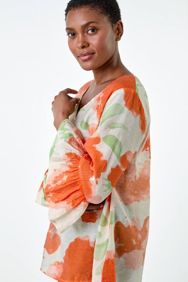 Roman Orange Floral Print Frill Sleeve Top