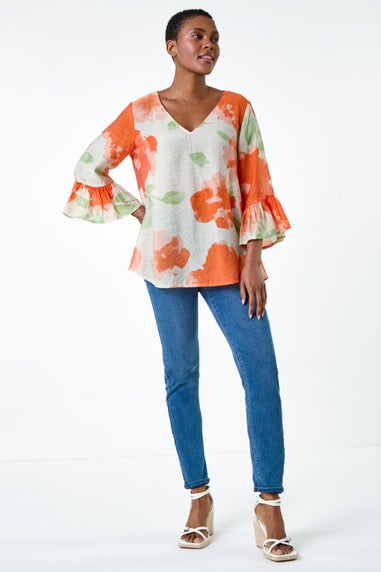 Roman Orange Floral Print Frill Sleeve Top