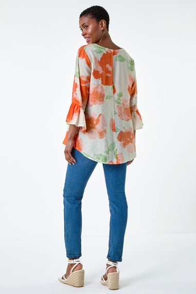 Roman Orange Floral Print Frill Sleeve Top