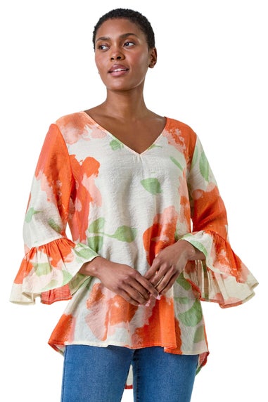 Roman Orange Floral Print Frill Sleeve Top