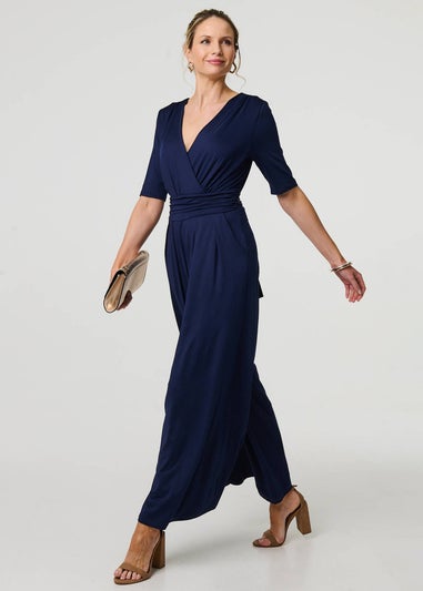 Izabel London Navy Wrap Waist Wide Leg Jumpsuit