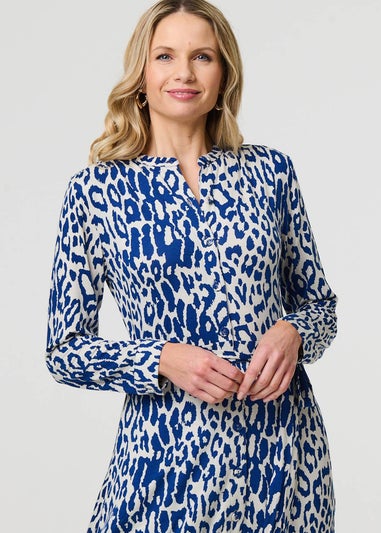 Izabel London Blue Animal Print Long Sleeve Short Shirt Dress