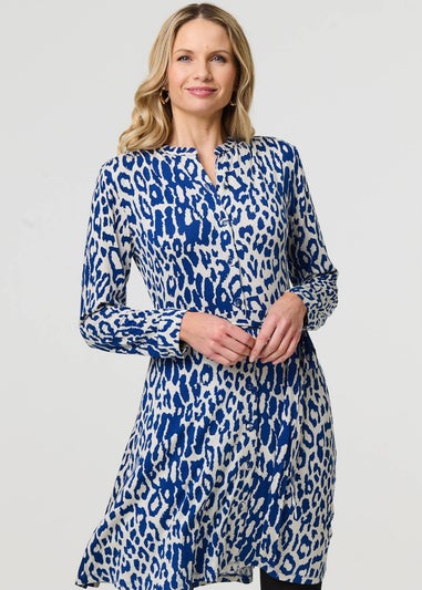 Izabel London Blue Animal Print Long Sleeve Short Shirt Dress