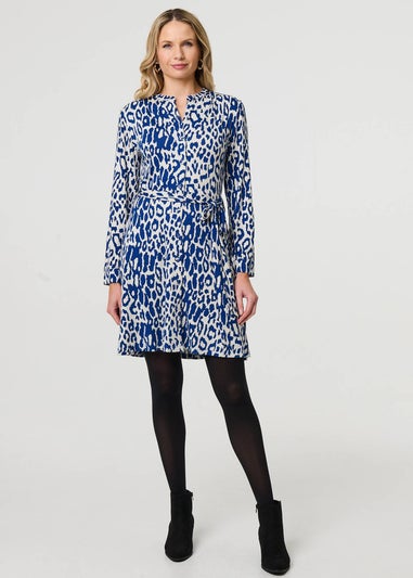 Izabel London Blue Animal Print Long Sleeve Short Shirt Dress