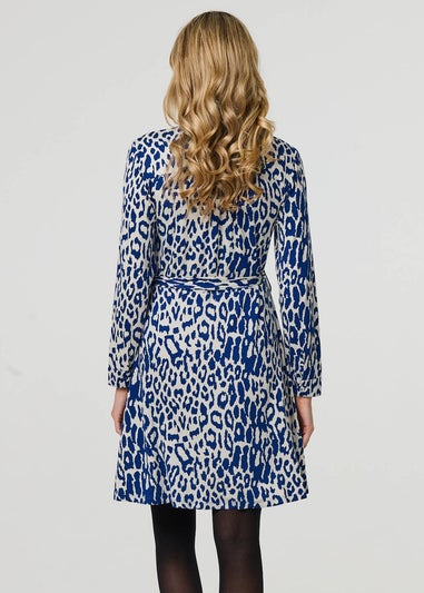 Izabel London Blue Animal Print Long Sleeve Short Shirt Dress