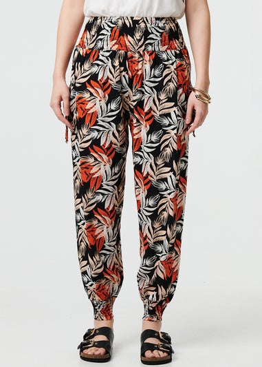 Izabel London Black Leaf Print High Waist Shirred Harem Pants