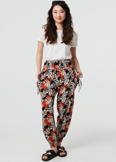 Izabel London Black Leaf Print High Waist Shirred Harem Pants