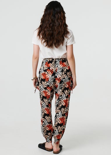 Izabel London Black Leaf Print High Waist Shirred Harem Pants