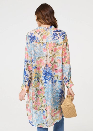 Izabel London Blue Floral Print Longline Semi Sheer Shirt