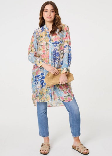 Izabel London Blue Floral Print Longline Semi Sheer Shirt