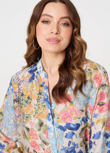 Izabel London Blue Floral Print Longline Semi Sheer Shirt