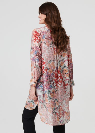 Izabel London Pink Floral Print Longline Semi Sheer Shirt