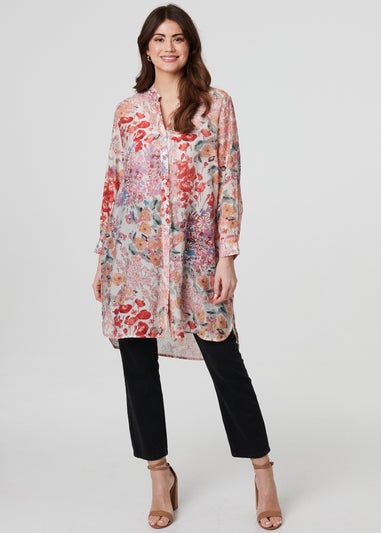 Izabel London Pink Floral Print Longline Semi Sheer Shirt