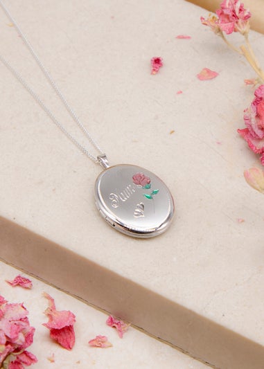 Golden Moments Sterling Silver Etched 'Mum' Rose Oval Locket
