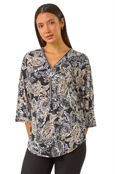 Roman Beige Abstract Print Zip Top