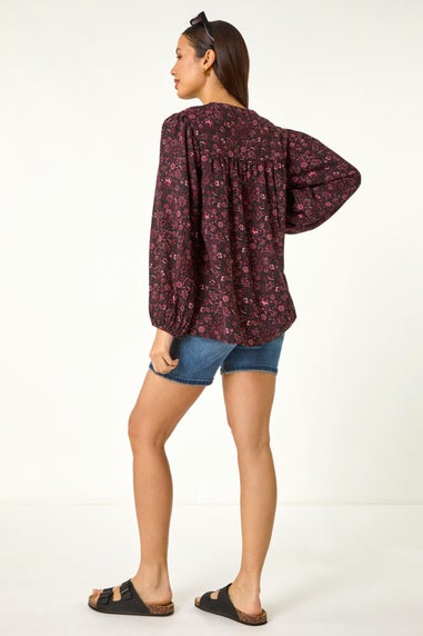 Roman Purple Floral Print Tie Front Top