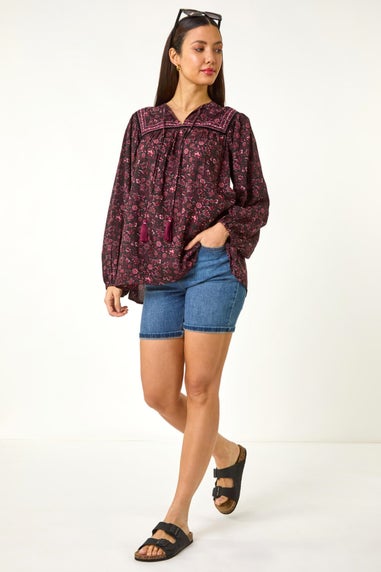 Roman Purple Floral Print Tie Front Top