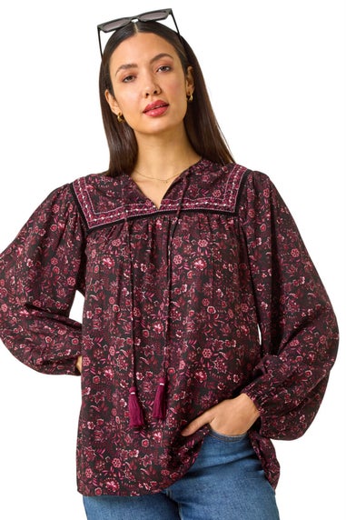 Roman Purple Floral Print Tie Front Top