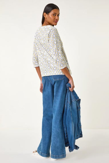 Roman Yellow Abstract Print Jersey Top