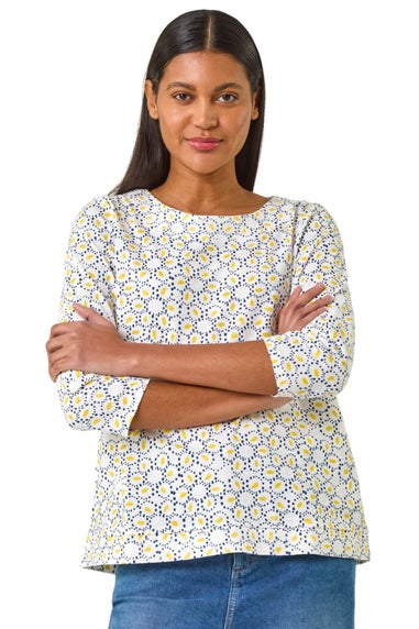 Roman Yellow Abstract Print Jersey Top