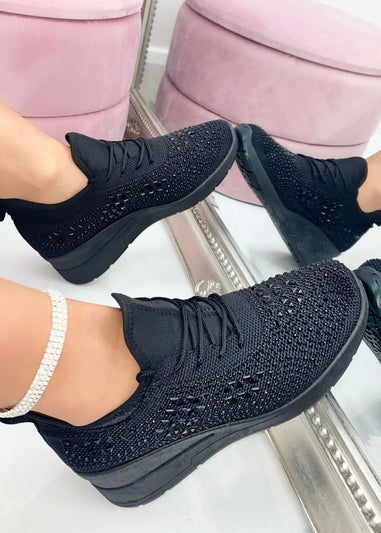 Love Lemonade Black Crystal Stretch Comfort Wedge Trainers