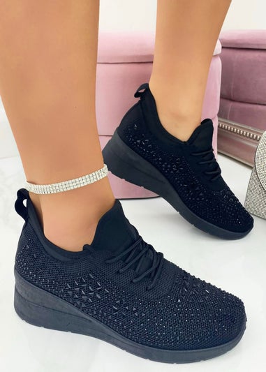 Love Lemonade Black Crystal Stretch Comfort Wedge Trainers