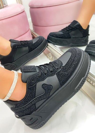 Love Lemonade Black Crystal Detail Wave Chunky Trainers