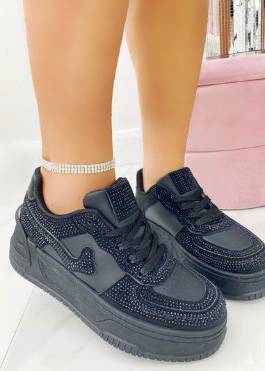 Love Lemonade Black Crystal Detail Wave Chunky Trainers