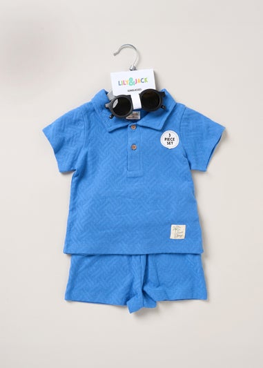 Lily & Jack Blue Jacquard Jersey Polo Shirt, Shorts & Sunglasses Outfit Set (12 -24 months)