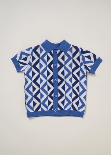 Norn Studios Blue True Knit Patterned Polo Shirt & Shorts Outfit Set (2-7 yrs)