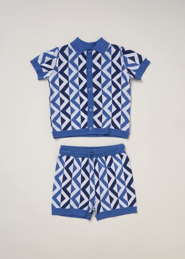 Norn Studios Blue True Knit Patterned Polo Shirt & Shorts Outfit Set (2-7 yrs)