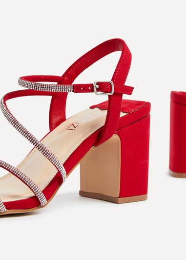 Linzi Kira Red Faux Suede Strappy Diamante Block Heel