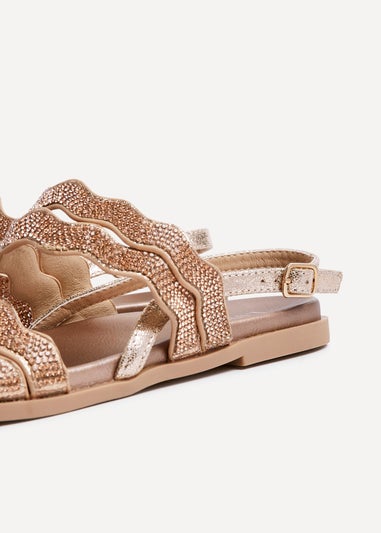 Linzi Pixi Rose Gold Faux Leather Diamante Wave Design Flat Sandal
