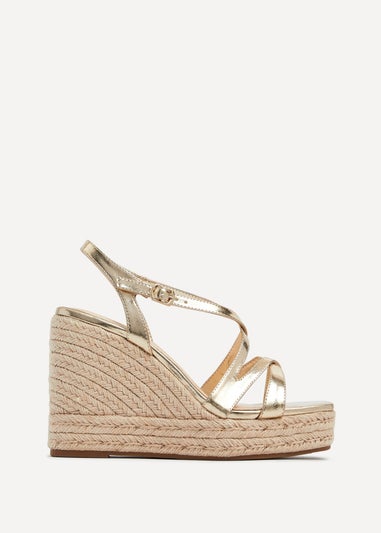 Linzi Lexie Gold Faux Leather Strappy Square Toe Rope Wedge