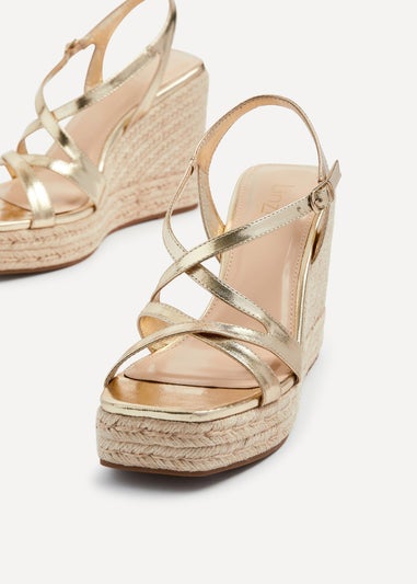 Linzi Lexie Gold Faux Leather Strappy Square Toe Rope Wedge