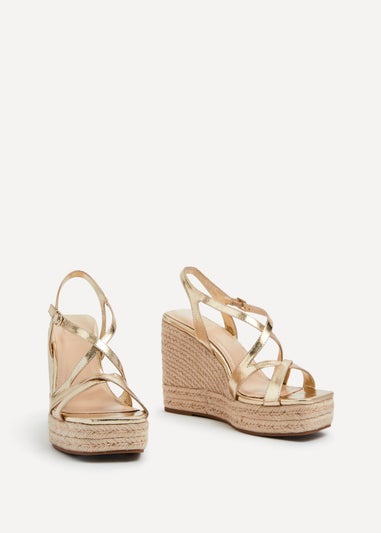 Linzi Lexie Gold Faux Leather Strappy Square Toe Rope Wedge