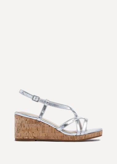 Linzi Safiya Silver Faux Leather Strappy Wedge Sandal