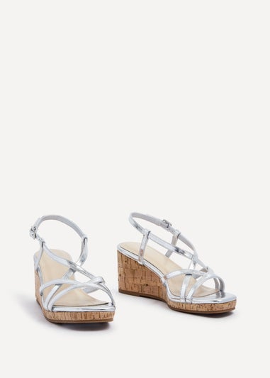 Linzi Safiya Silver Faux Leather Strappy Wedge Sandal