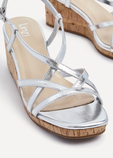 Linzi Safiya Silver Faux Leather Strappy Wedge Sandal