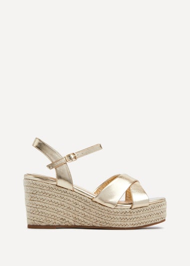 Linzi Vision Gold Faux Leather Crossover Rope Detail Wedge