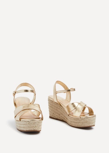 Linzi Vision Gold Faux Leather Crossover Rope Detail Wedge