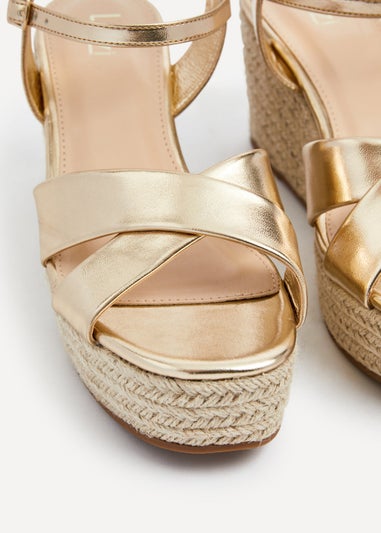 Linzi Vision Gold Faux Leather Crossover Rope Detail Wedge