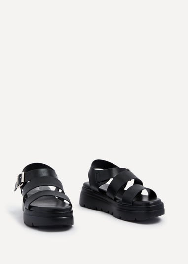 Linzi Venus Black Faux Leather Double Strap Flatform Sandal